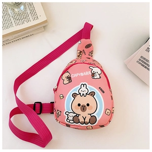 Detailed view of pink capybara cartoon chest bag with adjustable strap and zipper
