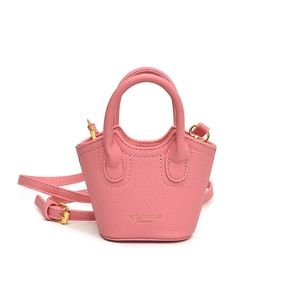 Pink mini faux leather basket handbag with top handles and adjustable strap for girls