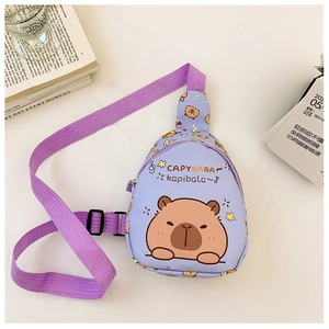 Detail of purple Capybara crossbody bag with adjustable strap and cartoon print