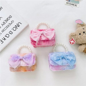 Sac Bandoulière Enfant Peluche Douce Princesse Poignée Künstliche Perles Nœud En Résille Chaîne Métal Mini Sac À Main Pour Filles
