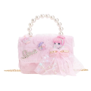 Pink princess pearl handbag for girls with tulle ruffles and golden chain strap