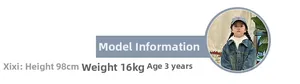 Kids fashion size guide featuring child model in blue denim jacket and red baseball cap
