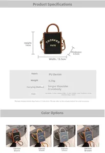Detailed dimensions and color options for the mini denim patchwork crossbody bag
