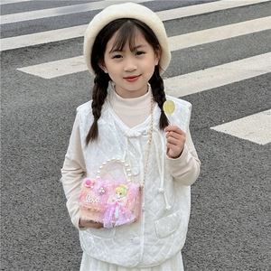Sac à bandoulière princesse en peluche rose pour filles avec poignée en perles
