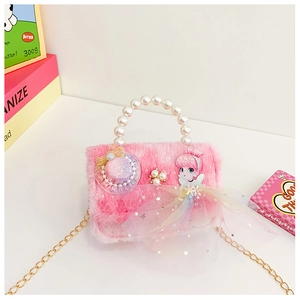 Detail of pink plush kids handbag with pearl handle and princess cartoon accessory