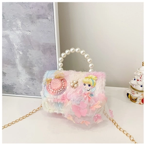 Detail of plush girl purse with pearl handle, chain strap, and 3D princess applique