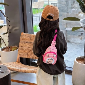 Pink Capybara cartoon chest bag for kids with matching brown baseball hat set