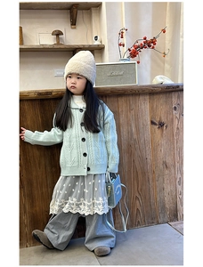 Toddler fashion outfit with sage green knit cardigan and small trendy square crossbody bag
