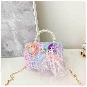 Pink and blue gradient plush bag for girls with pearl handle and cartoon girl design