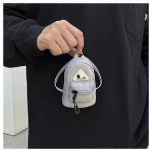 Mini gray tactical backpack keychain with dual zippers and mountain patch for kids