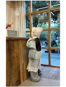 Toddler fashion outfit set featuring a blue denim crossbody bag and bear ear plush hat
