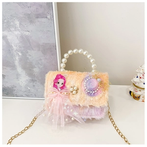 Detail of plush kids' handbag featuring a cartoon girl, lace bow, and pearl handle