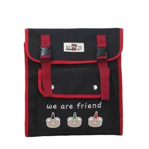 Kids backpack with cute bear cartoon print and contrast red buckles on canvas material