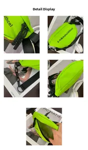 Détail du sac de poitrine enfant vert fluo avec chaîne noire et tirette de zip tissée