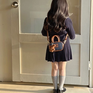 Toddler girl denim mini handbag with bear pendant and knit dress for autumn fashion style