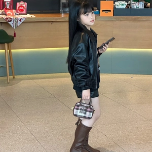 Toddler girls black faux leather biker jacket with glossy finish and lapel collar