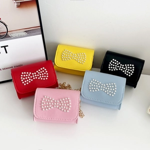 Kids Mini Crossbody Bag PU Leather Artificial Pearl Bow Decoration Sweet Fashion Small Shoulder Bag For Girls Gold Chain Strap
