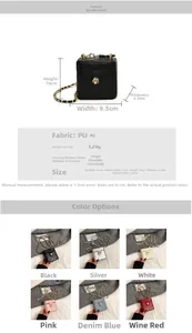 Detail view of mini quilted box bag dimensions and six color options with chain strap