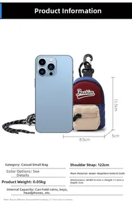 Size chart showing mini oxford neck pouch dimensions 8.5x11.5x5cm for coins and keys