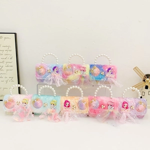 Kids Plush Mini Handbag Faux Fur Artificial Pearl Handle Gold Chain Strap Cartoon Princess Style Crossbody Bag For Girls