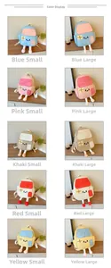 Detailed grid showing cartoon house backpacks in blue pink khaki red and yellow colors
