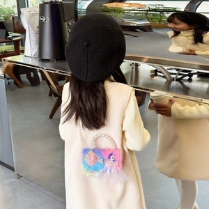 Mini fuzzy gradient plush child handbag with pearl handle and princess motif detail