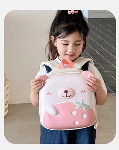 Front view of cute pink bear backpack with breathable mesh straps for toddlers