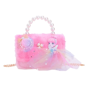 Pink plush kids handbag with pearl handle, chain strap, and cute character design
