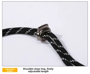Detail of adjustable woven neck strap with a dark grey metal slider for kids' wallets
