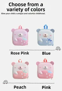 Detailed grid showing four colors of bear-shaped EVA hard shell cartoon backpacks for kids
