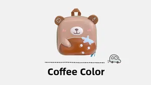 Detailed front view of coffee-colored cartoon bear EVA hardshell backpack for kids
