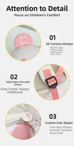 Detail of cute bear ears, adjustable pink straps, and breathable mesh back on the kids backpack