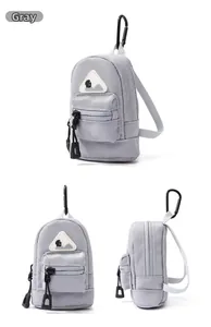 Detailed views of grey mini nylon backpack coin purse with carabiner and zipper details