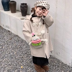Kids cream toggle coat with cute knitted hamburger crossbody bag and polka dot beret