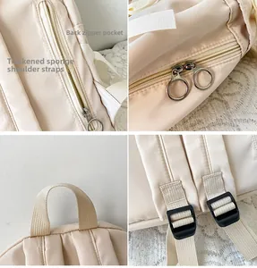 Dettagli dello zaino in nylon beige con tasca antifurto e spallacci imbottiti regolabili