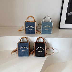 Kids Mini Crossbody Bag Denim PU Leather Small Square Handbag Letter Print Trendy Shoulder Pouch For Toddler Boys Girls