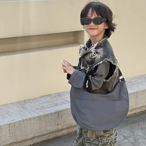 Kids minimalist grey half-moon crossbody bag with adjustable strap and large capacity