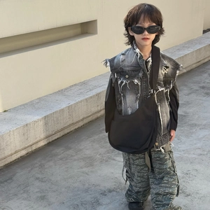 Kids trendy solid color large capacity crossbody bag with dark grey retro vest and camo pants