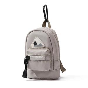 Mini utilitarian light grey nylon coin purse with carabiner clip and mountain badge