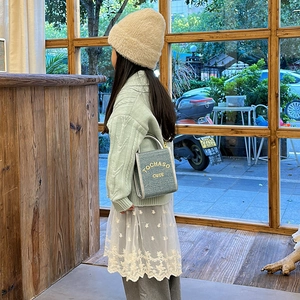 Mini denim square crossbody bag for kids with cute embroidery and a stylish casual design