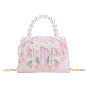 Sac à main en soie rose brodé de fleurs avec poignée en perles et chaîne pour filles