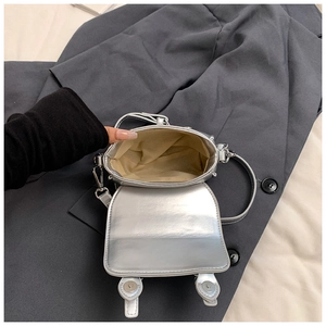 Detailed interior of vintage silver oil wax leather mini crossbody bag for girls