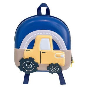Cute 3D tractor shell backpack for kids with navy blue and tan patchwork design