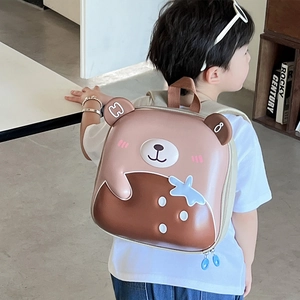 Cute brown cartoon bear hardshell kids backpack with strawberry decor for toddlers