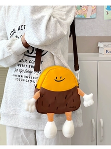 Detailed view of cartoon sweet potato crossbody bag with contrast colors and doll limbs