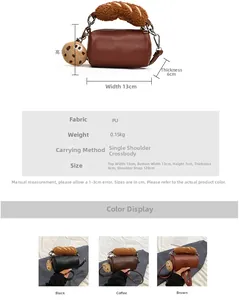 Sac bandoulière cylindrique en PU marron avec pendentif biscuit et poignée peluche pain