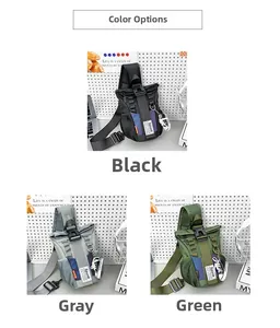 Three children's nylon crossbody bags in black, gray, and green with adjustable straps
