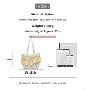 Size guide for pleated nylon tote bag with dimensions 28x26x12cm and capacity scale