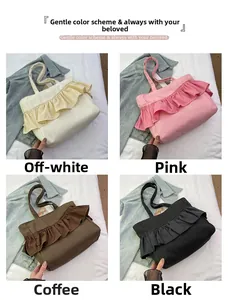 Collage of ruffled canvas tote bags in cream, pink, brown, and black colors