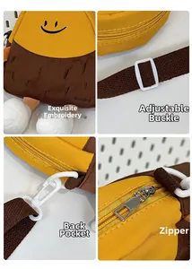 Detail view of the embroidery, adjustable strap, back pocket and zipper on this cute cartoon bag